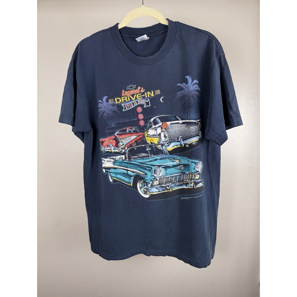 Vintage Men's Navy Legends Chevy Drive In T Shirt Open 24 Hrs Size Large 2000